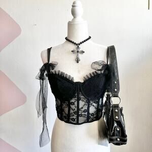 Black Lace Bow Corset Top,‎ Y2K Grunge Gothic Coquette Indie Sleaze Small